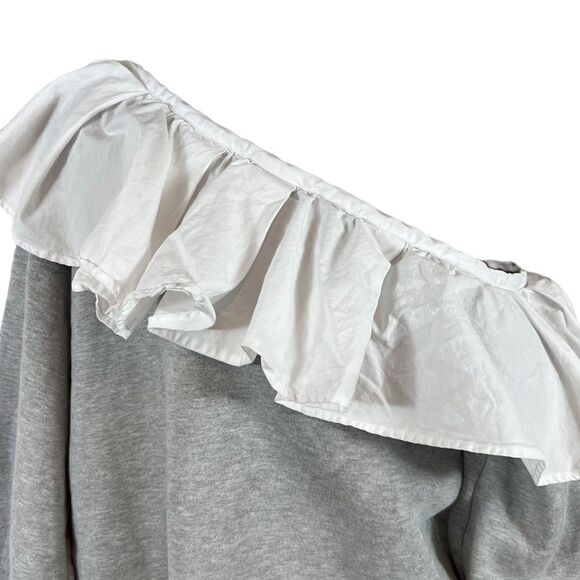 CLU One Shoulder Ruffled Sweatshirt In Heather Gray/White - Picture 3 of 10